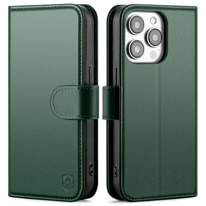 Compatible with iPhone 14 Pro Max Genuine Leather Case Wallet with Card Holder,Women Men Real Leather Flip Folio RFID Blocking Credit Card Slots Phone Cover,for Apple 14 ProMax,Green - color: Green, size: iPhone 14 Pro Max - 6.7"