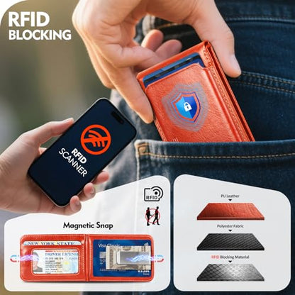Shieldtop RFID Blocking MagSafe Wallet Stand with Card Holder,5 Card Slots & ID Window,PU Leather Magnetic Adjustable Kickstand for iPhone 12/13/14/15/16/17 Pro Max & Air Plus Series,Orange - color: Orange