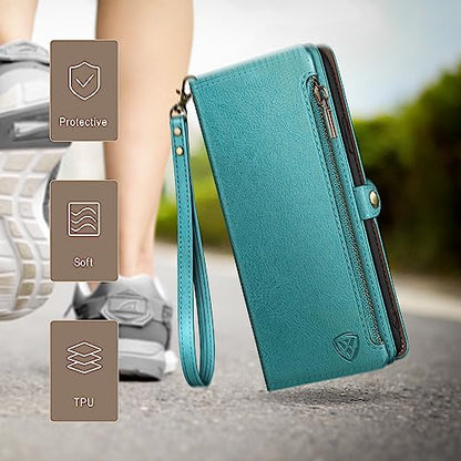 XcaseBar Compatible with ‌Samsung Galaxy S26 Wallet case with Zipper Credit Card Holder【RFID Blocking】,Flip Folio Book PU Phone case Shockproof Cover Women Men for Samsung S26 case Blue Green - color: Blue Green, size: Samsung Galaxy S26