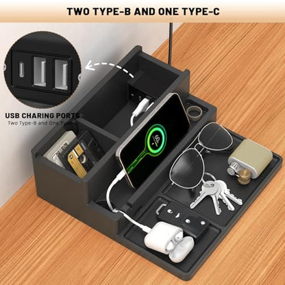 Valet Tray, Nightstand Organizer with Charging Station - color: Classic Black
