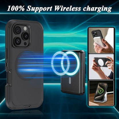 Compatible with iPhone 16 Pro Max Case, with Belt Clip Holster Heavy Duty Magnetic Wireless Charging Full Body Protection Kickstand Cover for iPhone 16 Pro Max 6.9 inch Phone（Black - color: Black