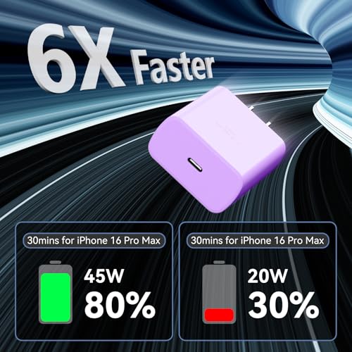 Phone 17 16 Pro Max Charger Fast Charging, 45W Super Fast USB C Charger Block with 10FT Extra Long Fast Charging Cable for 17 16 Pro Max/17 16/16 Plus,15 Pro Max/15 Pro/15, Android Phone-Purple - color: purple, size: 10 Ft