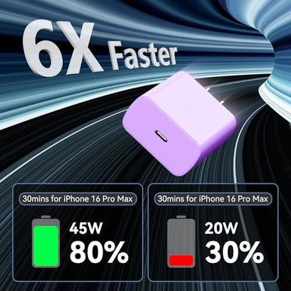 Phone 17 16 Pro Max Charger Fast Charging, 45W Super Fast USB C Charger Block with 10FT Extra Long Fast Charging Cable for 17 16 Pro Max/17 16/16 Plus,15 Pro Max/15 Pro/15, Android Phone-Purple - color: purple, size: 10 Ft