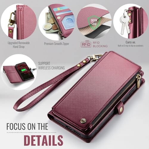 Defencase for Samsung Galaxy S25 Wallet Case with RFID Card Holder, WineRed | Durable Soft PU Leather, with Zipper Pocket, Wrist Strap, Fashion Snap Flip S25 Phone Cases Cover with Stand for Women Men - color: Wine Red