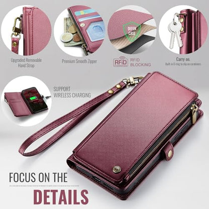 Defencase for Samsung Galaxy S25 Wallet Case with RFID Card Holder, WineRed | Durable Soft PU Leather, with Zipper Pocket, Wrist Strap, Fashion Snap Flip S25 Phone Cases Cover with Stand for Women Men - color: Wine Red