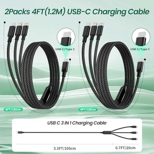 Travel Vacation Essentials 3IN1 USB C Multi Charging Cable, 2Pack 4FT - color: Black
