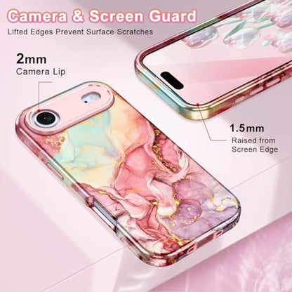 Btscase Compatible with iPhone Air Case 6.5 Inch 2025,Marble Pattern 3 in 1 Heavy Duty Shockproof Full Body Rugged Hard PC+Soft Silicone Drop Protective Women Girl Phone Cases, Rose Gold - color: A-Rose Gold, size: iPhone Air