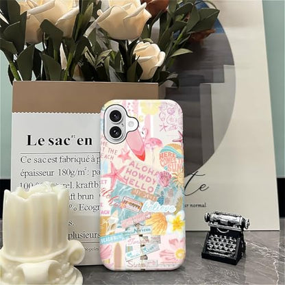 Case Compatible with iPhone 16, Cute Dual Layer Hybrid Phone Cover, Military Grade Drop Protection, Aesthetic Shockproof Phone Case for Women Girls, Pastel Pink Summer Collage - color: Pastel Pink Summer Collage, size: Iphone 16