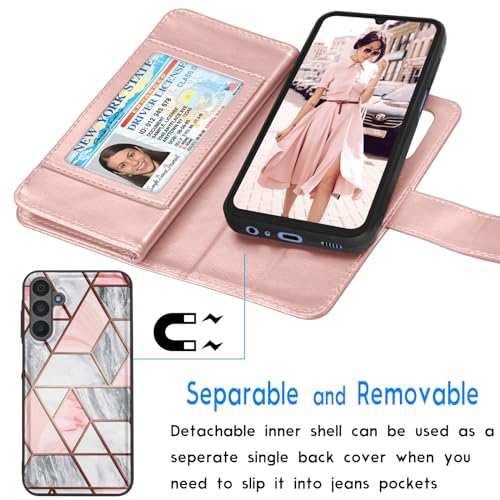Galaxy A15 5G Case, Galaxy A15 5G Wallet Case, Tekcoo [Detachable Magnetic Hard Case] Luxury PU Leather Cash Credit Card Slots Holder Carrying Folio Flip Cover Strap for Samsung A15 5G [Marble] - color: W-Marble