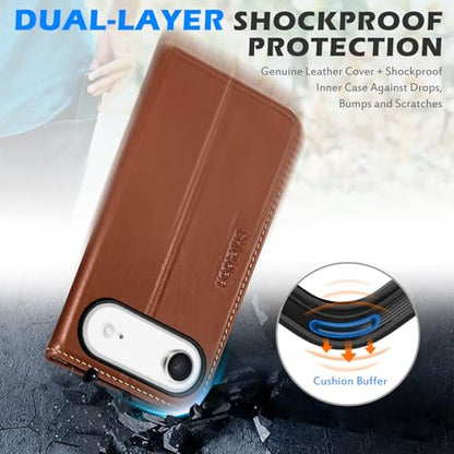 SHIELDON Genuine Leather Wallet Case for iPhone Air 6.5" 2025, Retro Brown | Magnetic Closure, RFID Blocking, Credit Card Holder, Kickstand, Folio Design, Shockproof Protective Cover - color: Retro Brown