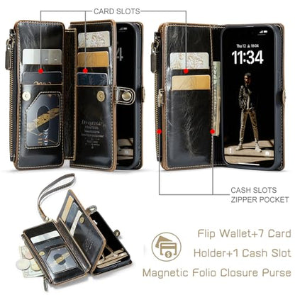 Defencase for iPhone 13 Pro Wallet Case with RFID Card Holder, Coffee | Durable Soft PU Leather, with Zipper Pocket, Wrist Strap, Fashion Snap Flip Phone Cases Cover with Stand for Women and Men - color: Coffee