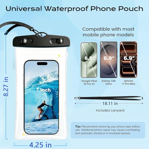 IPX8 Waterproof Phone Pouch[Anti-Pop Lock]Dustproof Outdoor Phone Protector | with Touch Screen Dry Bag Case with Lanyard,Beach &Cruise Essentials Gifts for iPhone 17 16 15 14 Pro Max,Galaxy S26 S25,7.2" - color: Black