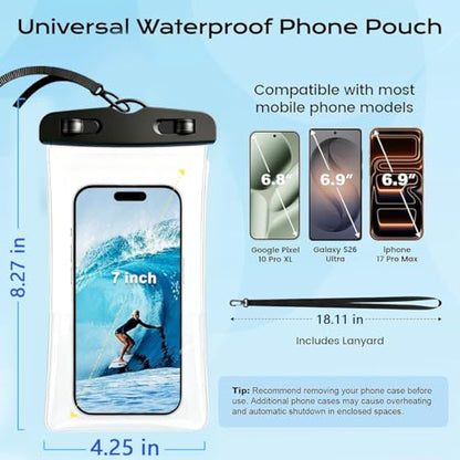 IPX8 Waterproof Phone Pouch[Anti-Pop Lock]Dustproof Outdoor Phone Protector | with Touch Screen Dry Bag Case with Lanyard,Beach &Cruise Essentials Gifts for iPhone 17 16 15 14 Pro Max,Galaxy S26 S25,7.2" - color: Black