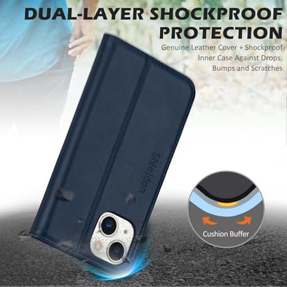 SHIELDON Genuine Leather Case Wallet for iPhone 14 6.1" 2022, Navy Blue | Folio Magnetic Closure, RFID Blocking, Credit Card Holder, Kickstand, Shock Absorbing Protective Cover - color: Navy Blue