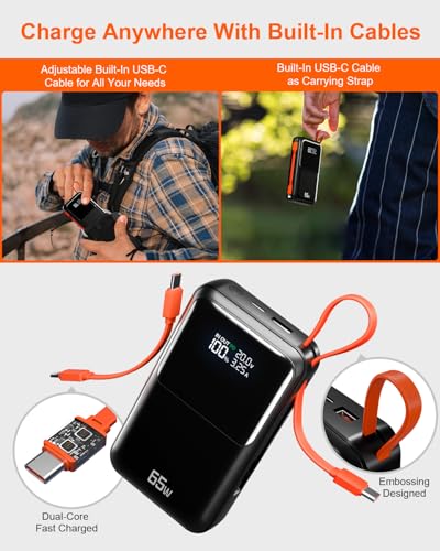65W Portable Laptop Charger - 26,800mAh Power Bank with Built-in USB-C Cables, 3-Port 130W Total Fast Charging for MacBook/iPhone/Steam Deck|TSA-Approved Travel Essential Airplane Safe (Black)