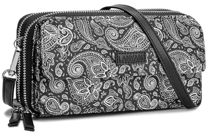 RFID Crossbody Wallet Wristlet Purse with Phone Pocket For Women Vegan Leather - color: Zi-paisley Black