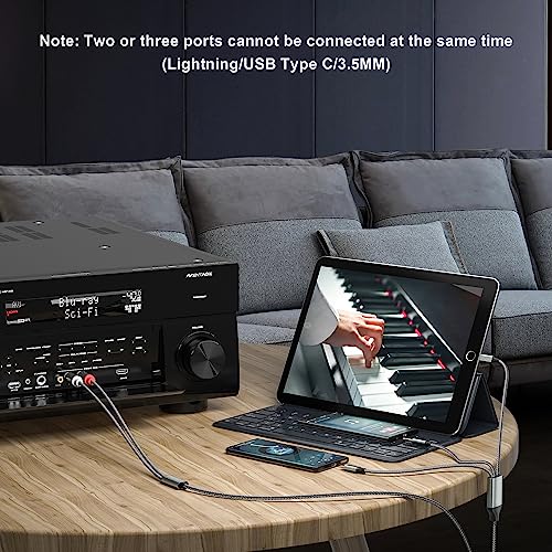 Lightning to RCA Cable Audio Aux Adapter（3.3M）,RCA to 3.5mm Cable，USB C to 2 RCA Audio Cable， (3 in 1 audio cable) for Power Amplifier, Car, Home Theater, Speaker and More(Lightning Compatible)