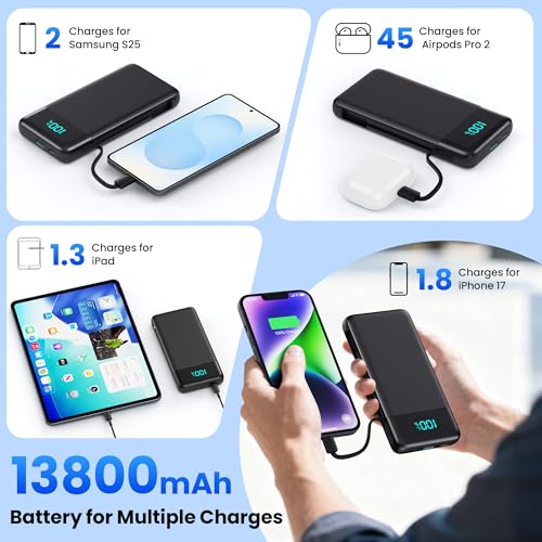 Portable Charger for iPhone,13800mAh Slim Power Bank with Built-in Cables & AC Wall Plug,All in One 4 Outputs USB C Fast Charging Battery Pack Powerbank for iPhone 18/17/16/15,Android,Travel Essential - color: Black