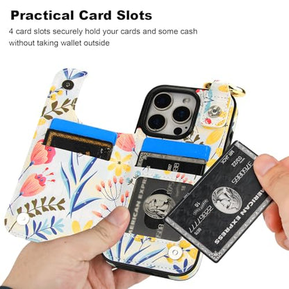 HAOPINSH for iPhone 16 Pro Wallet Case with Card Holder, Floral Flower Print Back Flip Folio PU Leather Kickstand Card Slots Case, Finger Grip Ring Double Magnetic Clasp Shockproof 6.3" - color: Floral Flower Grip Ring