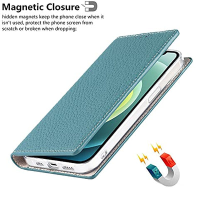 iCoverCase Compatible with iPhone 13 Wallet Case, RFID Blocking Genuine Leather Magnetic Case with Wrist Strap and Card Slots Kickstand Feature Flip Cover 6.1 Inch (Light Blue) - color: Light Blue, size: iPhone 13