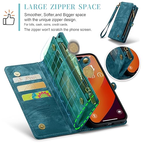 Compatible with iPhone 15 Pro Wallet Case with Magsafe,Blue | Magnetic Detachable Case,Card Holder,Zipper Pocket,Strap Wristlet, Soft Leather Drop-Proof Phone Case for iPhone 15 Pro - color: Blue, size: iPhone 15 Pro 6.1"
