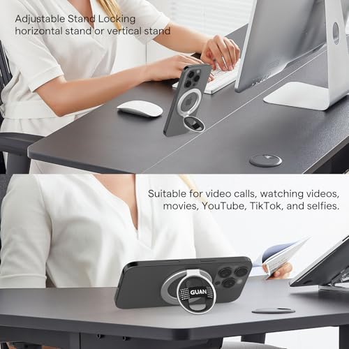 GUAN for MagSafe Phone Grip Magnetic Kickstand Compatible with Mag Safe Finger Loop Ultra Thin Finger Ring Holder, 3-in-1 Compatible for iPhone 17/16/15/14/13/12 (Replacement Strap)-Silver - color: Silver