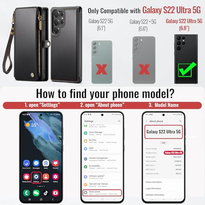 Defencase for Galaxy S22 Ultra Case Wallet Compatible with Magsafe, Black | Magnetic Detachable, RFID Bolcking Card Holder, Zipper Strap, PU Leather Drop-Proof Phone Cover for Samsung Galaxy S22 Ultra - color: (Detachable with Magsafe)-Black