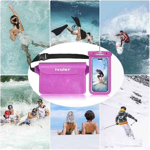 ivoler 2-Pack Waterproof Fanny Pack & Phone Pouch, Dry Bag for Passport, Phone & Wallet, Floating Waterproof Phone Case for Beach, Swimming, Kayaking, Boating, Cruise Essentials & Travel Pink | Swimming & Travel, Long Adjustable Waist Strap, IPX8 Dry Case