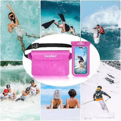 ivoler 2-Pack Waterproof Fanny Pack & Phone Pouch, Dry Bag for Passport, Phone & Wallet, Floating Waterproof Phone Case for Beach, Swimming, Kayaking, Boating, Cruise Essentials & Travel Pink | Swimming & Travel, Long Adjustable Waist Strap, IPX8 Dry Case