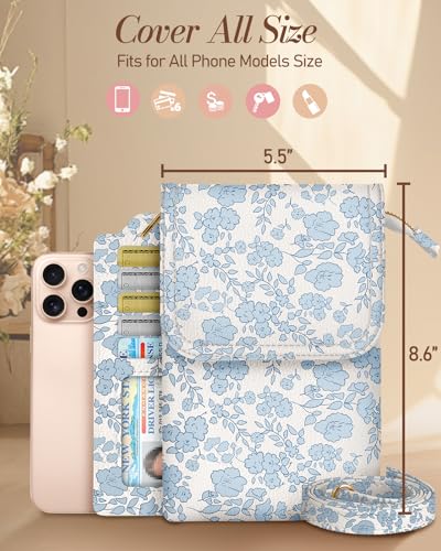 Small Crossbody Phone Purse for Women | Card Slots, Leather Cell Phone Wallet, Adjustable Shoulder Strap, Cross Body Bag for Girls and Ladies, Cute Design - color: Blue Flower