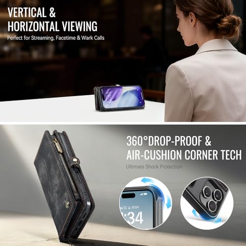Compatible with iPhone 17 Pro Wallet Case with Magsafe,Black | Magnetic Detachable Case,Card Holder,Zipper Pocket,Strap Wristlet, Soft Leather Drop-Proof Phone Case for iPhone 17 Pro 6.3" - color: (Detachable and Magsafe)-Black, size: iPhone 17 Pro 6.3 In