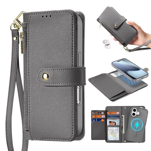 for iPhone 17 Pro Case Wallet, Detachable Magnetic Wallet Case | Compatible with Magsafe, RFID Blocking, Zipper Card Holder, PU Leather Flip Folio Case, Strap Wallet Case - color: Gray, size: iPhone 17