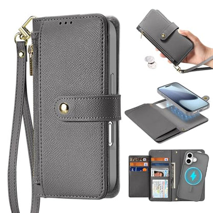 for iPhone 17 Pro Case Wallet, Detachable Magnetic Wallet Case | Compatible with Magsafe, RFID Blocking, Zipper Card Holder, PU Leather Flip Folio Case, Strap Wallet Case - color: Gray, size: iPhone 17