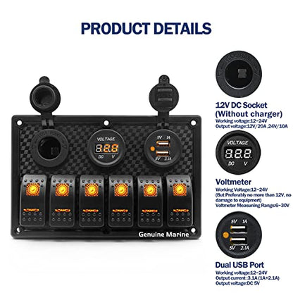 6 Gang Boat Rocker Switch Panel Marine 12V LED Illuminated Orange Rocker Switches, 12V Digital Voltmeter Display, 5V Dual USB Charger Socket for RV Car Tow Truck Vehicles Yacht Ship