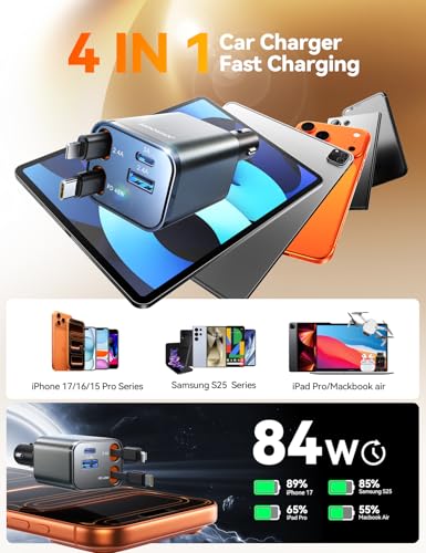 JOYROOM Retractable Car Charger 84W Car Charger USB C Fast Charge 4 in 1 - color: Gray