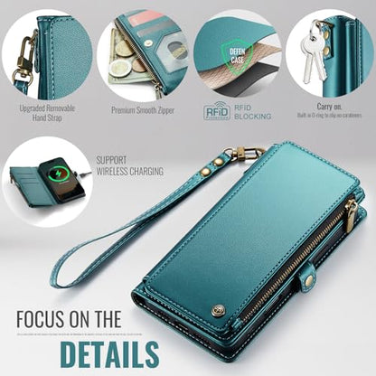 Defencase for iPhone 14 Plus Wallet Case with RFID Card Holder, Blue Green | Durable Soft PU Leather, with Zipper Pocket, Wrist Strap, Fashion Snap Flip Phone Cases Cover with Stand for Women and Men - color: Blue Green