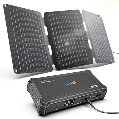 JIYHF Portable Power Station with 30W Foldable Solar Panel - 99.9Wh Backup Battery, 100W AC & 65W USB-C PD Fast Charging Ideal for Outdoor Work, Compatible with iPhone16 Series, iPad, MacBook, Laptop - style: P100 Black+30W