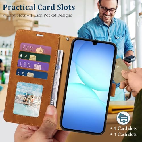 Wallet Case for Samsung Galaxy A17, RFID Blocking (Brown) | 4 card slots with ID window, cash pocket, wrist strap, stand function, magnetic closure, flip PU leather, TPU inner shell - color: Brown