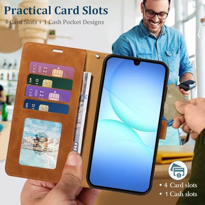 Wallet Case for Samsung Galaxy A17, RFID Blocking (Brown) | 4 card slots with ID window, cash pocket, wrist strap, stand function, magnetic closure, flip PU leather, TPU inner shell - color: Brown