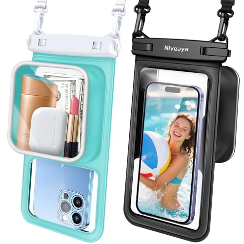 Niveaya 2 Pack IPX8 Waterproof Phone Pouch, Large Space Cell Phone Pouch Floating, Water Proof Phone Case with Lanyard, Phone Dry Bag Beach Cruise Ship Essentials(Up to 8.5") - color: Black + Green