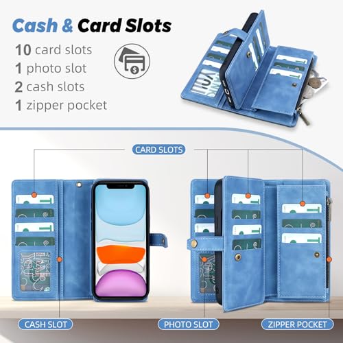 TwoHead for iPhone 11 Wallet case with 11 Card Holder (Sky Blue) | Detachable Magnetic Phone Case, PU Leather Wallet for Women/Men,Wireless Charging Compatible,with Wrist Strap - color: Sky Blue