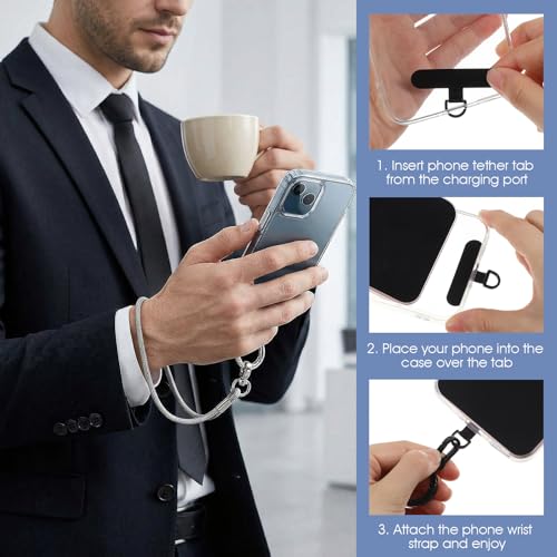 2 Pack Metal Phone Tether with Spring Ring, Universal Phone Lanyard Pad, Cellphone Holder Tab, 360° Rotatable Spring Ring Holder, Strap Replacement Patch for CellPhone (Silver & Black)