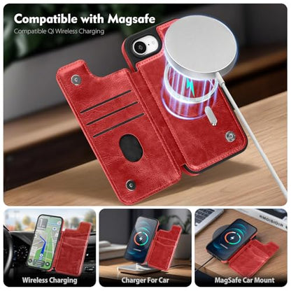 SkyEagle Compatible with MagSafe iPhone 17e / 16e Case Wallet,Red | Magnetic Clasp,RFID Blocking,PU Leather,Flip Folio Shockproof Phone Cover,with Credit Card Slots & Kickstand for Men & Women - color: Red