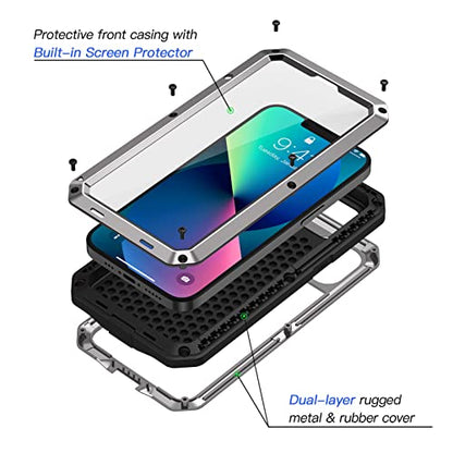 Lanhiem for iPhone 13 Metal Case, Heavy Duty Shockproof Tough Rugged Case with Built-in Glass Screen Protector, 360 Full Body Protective Cover for iPhone 13 6.1 inch, Silver - color: Silver