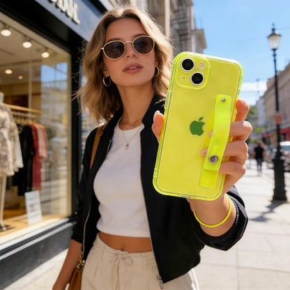 Strap Case for iPhone 15 with Stand, Neon Green | Wrist Strap Kickstand, Adjustable Finger Hand Grip Loop, Slim Transparent Anti-Scratch Back, Soft Bumper Phone Cover - color: Neon Green, size: iPhone 15