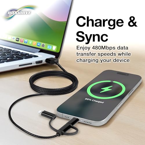 BoxWave Cable Compatible with Status Between 3ANC - AllCharge 3-in-1 Cable - Jet Black