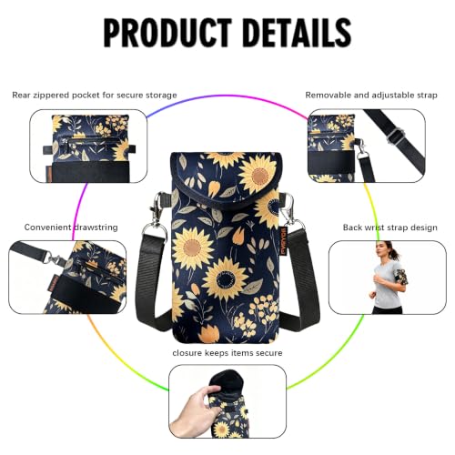 Neoprene Phone Sleeve Pouch Case Bag for Men Women w/Crossbody Strap/Neck Lanyard for iPhone 17/16/15/14 Pro Max, Samsung S25，Pixel 10 - color: Midnight Sunflower