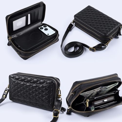 Harryshell Compatible with iPhone 17 Pro Max Case Wallet Multi Zipper Detachable Removable Cover Purse with RFID Blocking Card Slots Holder Mirror Crossbody Strap (Compatible with Magsafe - Black) - color: Compatible with Magsafe - Black, size: iPhone 17