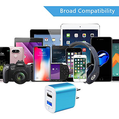 USB Plug in Wall Charger, Charging Block, 2Pack 2.1A Fast Charge Dual Port - color: Blue