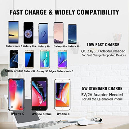 Wireless Charger, 10W Fast Wireless Charging Pad - Qi Compatible with Samsung Galaxy S9/S9+/Note 8/S8/S8 Plus, iPhone Xs Max/XR/XS/8/8 Plus, LG V30/G6